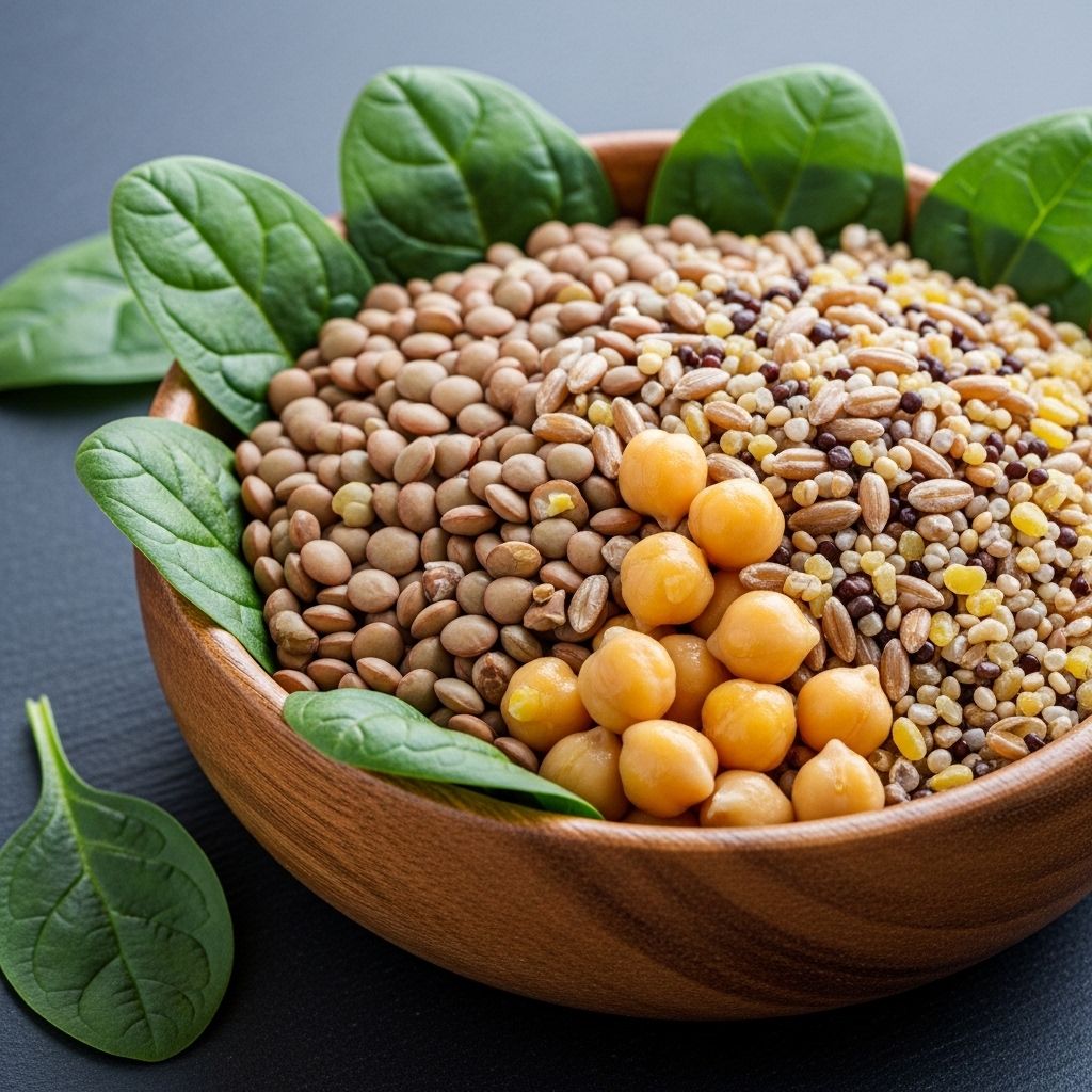 Close-up of a wooden bowl filled with brown lentils, chickpeas, and whole grain seeds alongside fresh green spinach leaves on a dark slate surface, representing B-vitamin rich plant food sources