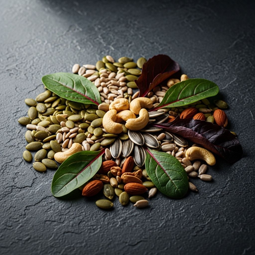 Assortment of pumpkin seeds, sunflower seeds, cashew nuts, and dark leafy greens on a textured stone background with soft natural side lighting, illustrating foods high in magnesium and zinc